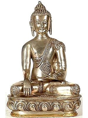 11" Buddha in Bhumisparsha Mudra with Ashtamangala Carved on His Robe In Brass | Handmade | Made In India