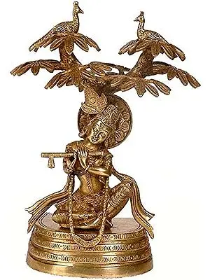 10" Krishna Under The Kadamba Tree In Brass | Handmade | Made In India
