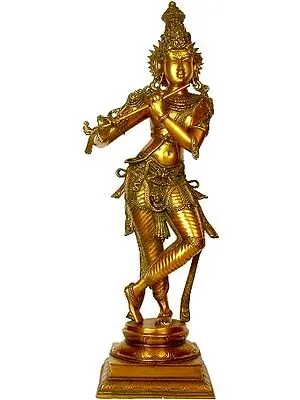 36" Large Krishna Brass Idol in ‘Tri-bhang’ Aspect | Handmade Hindu God Figurine