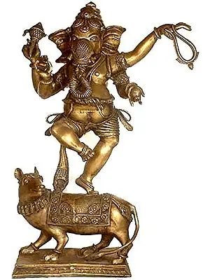 46" Lord Ganesha Dancing on Rat In Brass | Handmade | Made In India