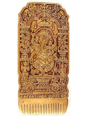6" Ganesha Comb with Embracing Radha Krishna in Reverse in Brass