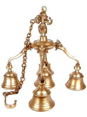 34" Ganesha with Five Auspicious Temple Bells in Brass | Handmade