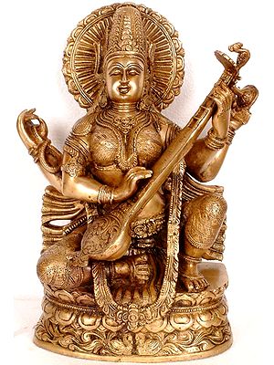 14" Goddess of Eloquence and Learning In Brass | Handmade | Made In India