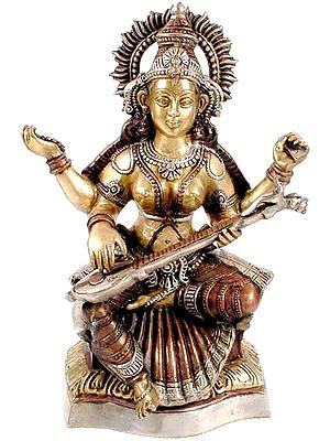 17" Saraswati In Brass | Handmade | Made In India