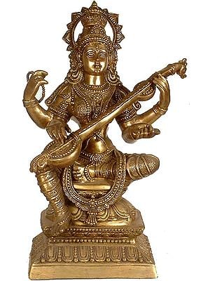 29" Large Size Saraswati: Goddess of Knowledge and Art In Brass | Handmade | Made In India