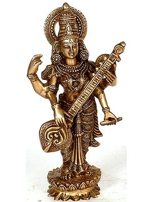 16" The Goddess Saraswati In Brass | Handmade | Made In India