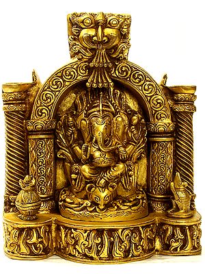 10" Lambodara Ganapati Enshrining Vedika In Brass | Handmade | Made In India