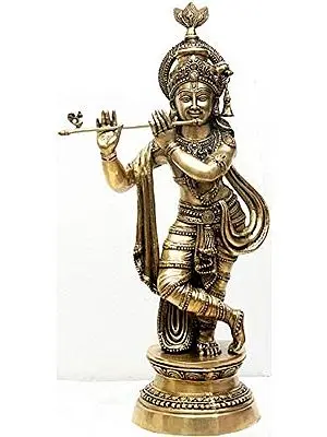 36" Large Krishna Idol Playing on Flute | Handmade Brass Statue