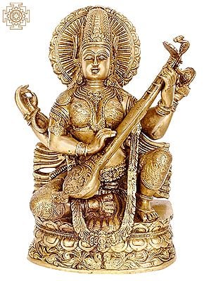 14" Goddess of Eloquence and Learning In Brass | Handmade | Made In India