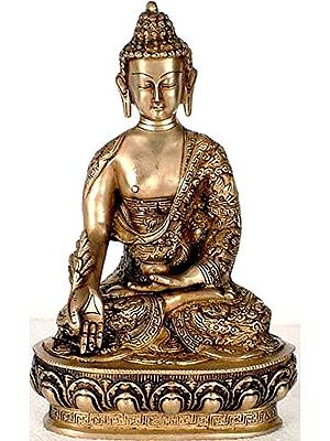 10" Medicine Buddha Idol with Deft Carving in Brass | Handmade Tibetan Buddhist Brass Statue