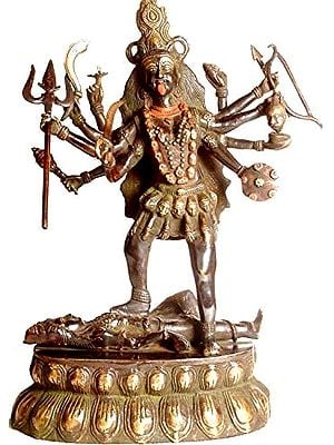 19" Ten-Armed Black Kali, or Mahakali In Brass | Handmade | Made In India