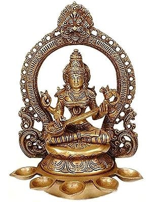 11" Saraswati with Five Lamps In Brass | Handmade | Made In India