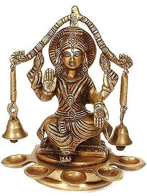 8" Goddess Lakshmi with Bells and Five Auspicious Lamps In Brass | Handmade | Made In India