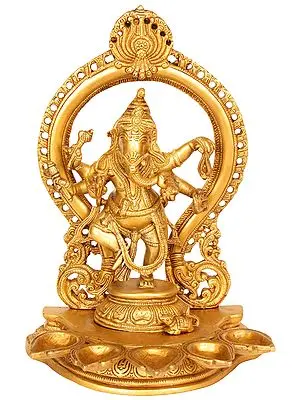 13" Dancing Ganesha with Five Lamps In Brass | Handmade | Made In India