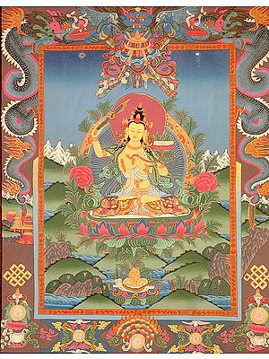 A Fine Portrait of Manjushri with Dragon, Garuda and Auspicious Symbols Border