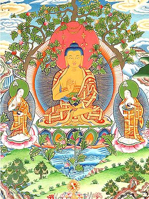 Blessing Introspective Buddha under a Tree with Chief Disciples Shariputra and Maudgalyayana