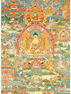 Buddha Shakyamuni Seated on Six Ornament Throne of Enlightenment and the Scenes from His Life