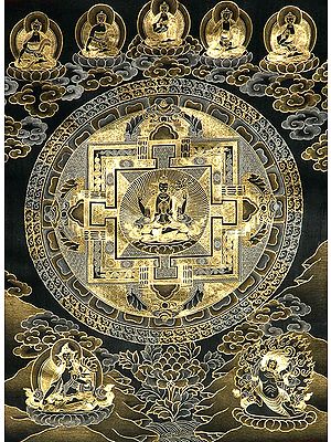 Esoteric Black Thangka of Chenrezig Mandala with Five Dhyani Buddhas