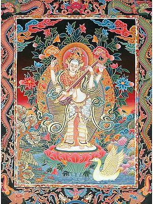 Goddess Saraswati Playing Veena while Her Vehicle Floating in Lake