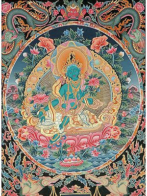 Green Tara Seated in a Orb Encircled with Dragons and Garuda Atop