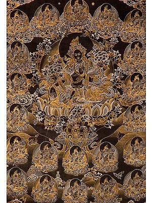 Green Tara with Her Emanations - Esoteric Black Thangka