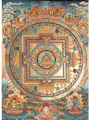 Shakyamuni Buddha Mandala with Five Cosmic Buddhas Atop