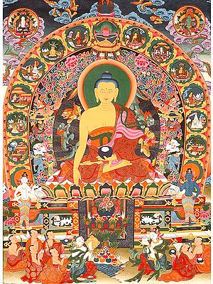 The Buddha Seated on the Six Ornament Seat of Enlightenment (The Aureole Depicts the Events from His Life)