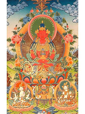 The Great Triad of Three Long Life Deities (Amitayus in Centre, Ushnishvijaya in Lower Left Corner and White Tara in Lower right Corner)