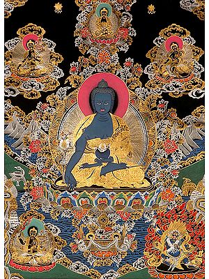 The Medicine Buddha with White Tara, Green Tara, Amitabha Buddha  Atop,  and Manjushri and Vajrapani at the Bottom