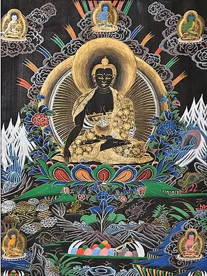 Tibetan Buddhist Lord Shakyamuni Buddha in Bhumisparsha Mudra with Five Dhyani Buddhas (Large Size)