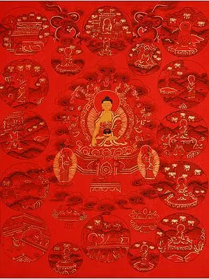 Tibetan Buddhist Deity Buddha Shakyamuni Seated on the Six-Ornament Throne of Enlightenment and the Events from His Life in Golden Orb