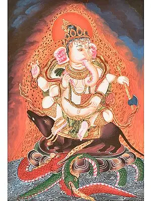 Shadbhuja Ganesha Seated on a Rat with Snakes as Dragons