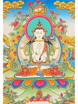 Fine Thangka of Tibetan Buddhist Deity Chenrezig (Four Armed Avalokiteshvara)