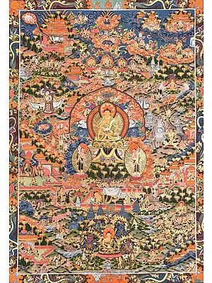 Tibetan Buddhist Deity Buddha Shakyamuni Seated on the Six-Ornament Throne of Enlightenment and the Events from His Life