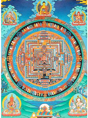 Kalachakra Mandala with Padmasambhava, Shakyamuni, Tsongkhapa Atop and Amitayus and Ushnishavijaya at Bottom