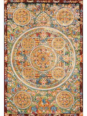 Mandalas of Heruka in Yab Yum and Buddhas (Large Thangka)