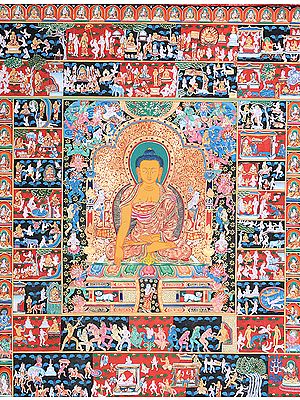 The Temptation of Shakyamuni Buddha by Mara and Scenes from His Life (Large Thangka)