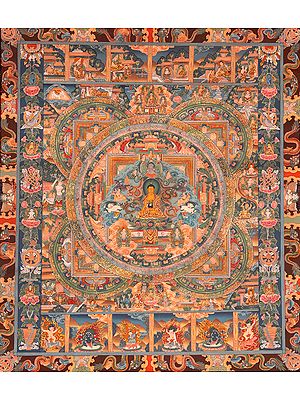 Shakyamuni Buddha Seated in Six-Ornament Throne of Enlightenment with Scenes from His Life, Wrathful Guardians, Great Adepts and Auspicious Symbols