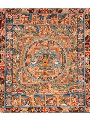 Shakyamuni Buddha Seated in Six-Ornament Throne of Enlightenment with Scenes from His Life, Wrathful Guardians, Great Adepts and Auspicious Symbols