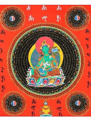 Tibetan Buddhist Goddess Green Tara Mandala with Syllable Mantra and Auspicious Symbols