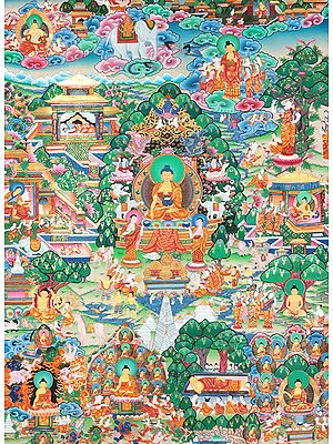 Buddha Shakyamuni Seated on Six-Ornament Throne of Enlightenment and Scenes from His Life