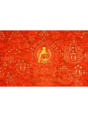 Shakyamuni Buddha Seated on Six-ornament Throne of Enlightenment with the Scenes from His Life (Red Hue Thangka)