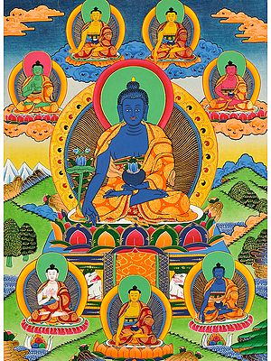 Tibetan Buddhist God Medicine Buddha (Bhaishajyaguru) with His Seven Brothers