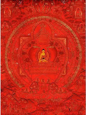 Red Hue Mandala of Svayambhunath Mahachaitya with Shakyamuni Buddha in Centre