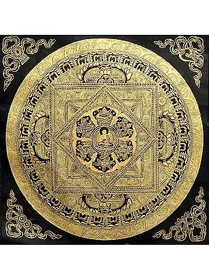 Lord Buddha Mandala with Ashtamangala (In Black and Golden Hues)