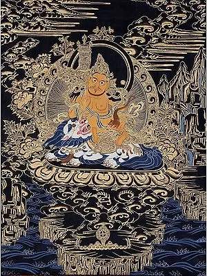 Vaishravana (Kubera) Seated on White Snow Lion with a Banner of Victory and Mongoose