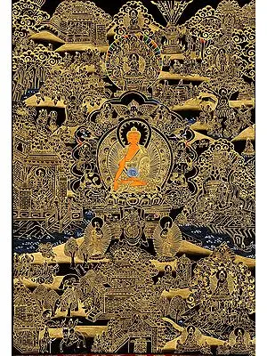 Shakyamuni Buddha Seated on Six-Ornament Throne of Enlightenment and Scenes from His Life (In Black and Golden Hues)