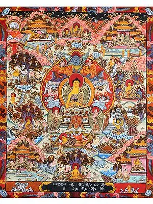 Lord Buddha Seated on Six-ornament Throne of Enlightenment and the Scenes of His Life