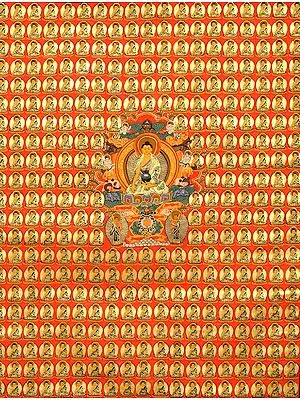 Thousand Buddhas with Shakyamuni in the Centre Seated on Six-ornament Throne of Enlightenment(Tibetan Buddhist represent)