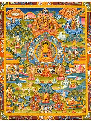 Lord Buddha Seated on Six-ornament Throne of Enlightenment and the Scenes From His Life (Tibetan Buddhist)